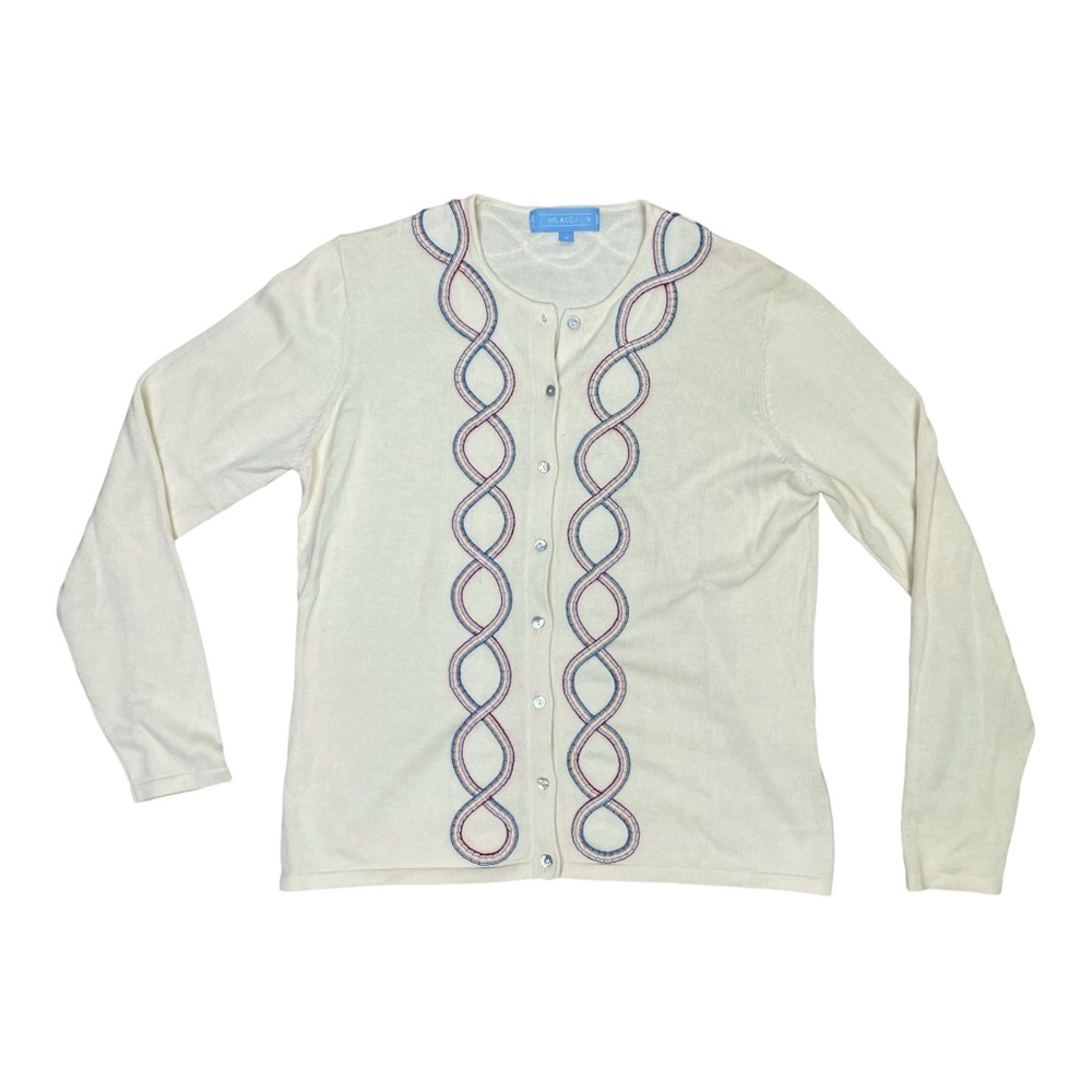 J. McLaughlin Cardigan Sweater Light Yellow Button M rainbow Ruffled cottagecore